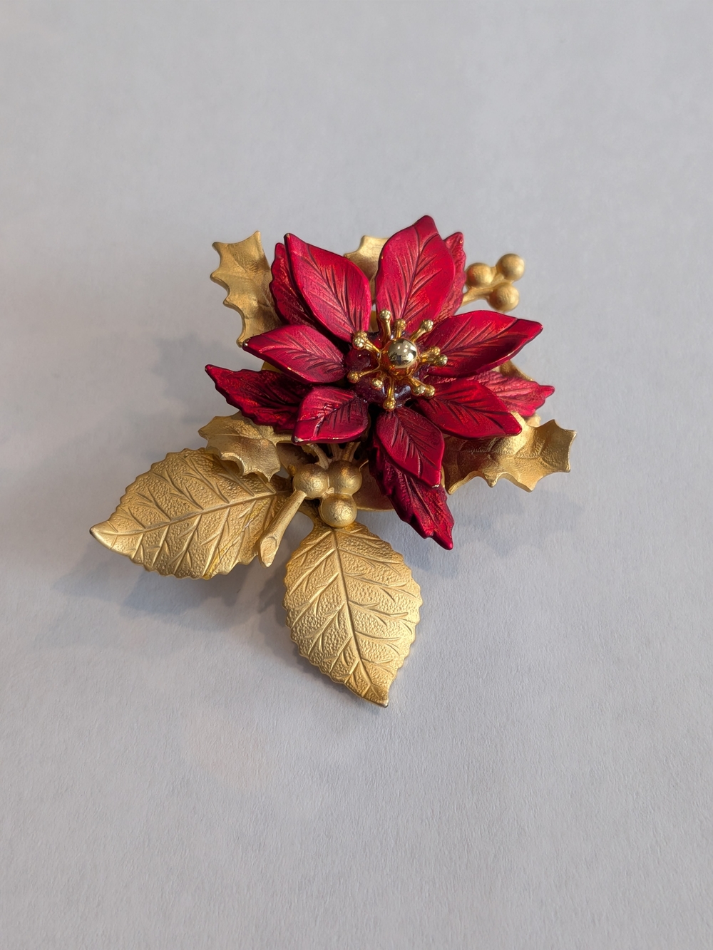 Vintage Red and Gold Poinsettia Brooch - Elegant Holiday Floral Pin